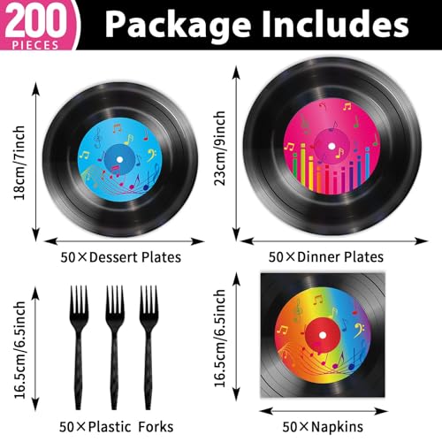 Image of 200 PCS Vinyl Record Tableware Disposable for 1950's Rock Music Party Supplies Back to 50s Rock Dinnerware Set Dessert Paper Plates Napkins Forks 50's Theme Party Retro Decorations Serve 50 guest