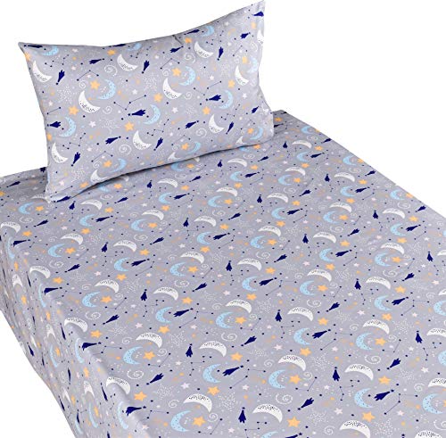 J-Pinno Stars Moon Constellation Meteor Nights Sky Cartoon 100% Cotton 3 Pieces Twin Sheet Set Bedroom Decoration Gift For Kids Boys Children Flat Sheet + Fitted Sheet + Pillowcase Bedding Set #TOP3