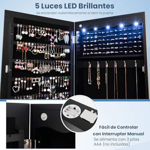 Miniatura 3 de Costway Espejo Joyero De Pared, Armario Joyero Con Espejo De Cuerpo Entero, Iluminación Led, Armario Para Joyas De Puerta Con 6 Cajones, Cerradura, Gran Espacio De Almacenamiento