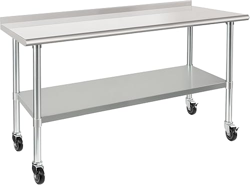 HARDURA Mesa de acero inoxidable de 24 x 60 pulgadas con ruedas NSF mesa de preparación comercial resistente con protector contra salpicaduras de 2