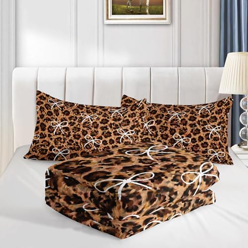 Image of AILONEN Coffee Leopard Comforter Full 3 Piece Bronze Cheetah Bedding Ribbon Bowknot Quilt Ultra Soft Microfiber Padded Blanket Teens Cool Room Decor Chic Animal Print Cover 2 Shams