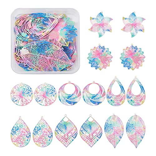 FASHEWELRY 32Pcs Stainless Steel Rainbow Charms Thin Metal Filigree Flower Leaf Earring Charms 8 Styles Colorful Metal Embellishments for DIY Jewelry Making