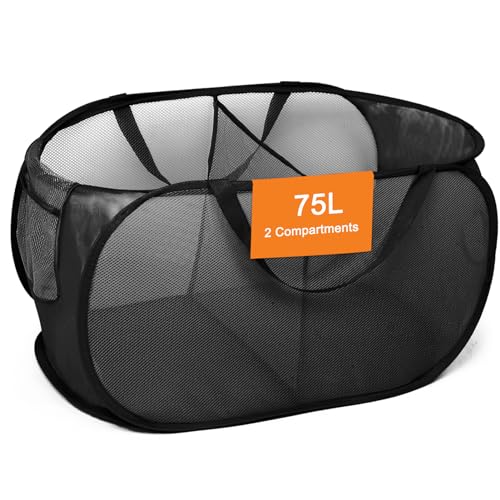 Image of Foldable Laundry Baskets, Collapsible Mesh Laundry Hamper, Durable Pop Up Laundry Basket, 2 Compartments Clothes Hampers for Laundry, Easy to Carry & Sort for Dorm, Home, Kids Room, Travel Black