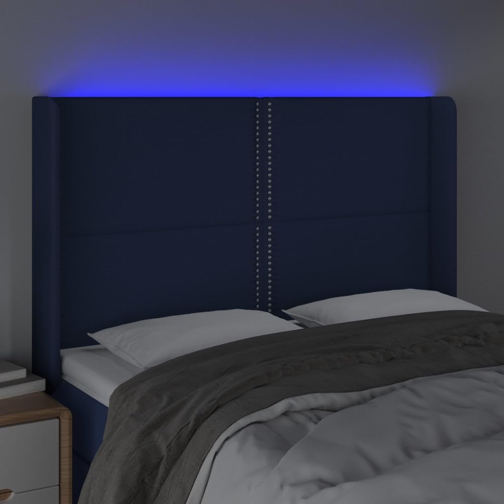 Cabecero de cama LED azul, 147 x 16 x 118/128 cm, altura ajustable, tela acolchada, con barra RGB, para jóvenes y adultos