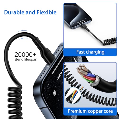 Coiled USB C to Lightning Cable[Mfi Certified], iPhone Car Charger Apple Carplay Cable, Short USB-C to Lightning Cable with Data Sync, Retractable Apple Charging Cable for iPhone14/13/12/11/Pad/iPod - Image 3