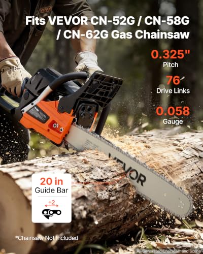 Image of VEVOR Bar & Chainsaw Chain Combo 20 inch .325 inch Pitch .058 inch Gauge 76 Drive Links | Fits VEVOR CN-52G / CN-58G / CN-62G Gas Chainsaw, Alloy Steel, Replacement Guide Bar & Saw Chain with Sharp Cutter Teeth