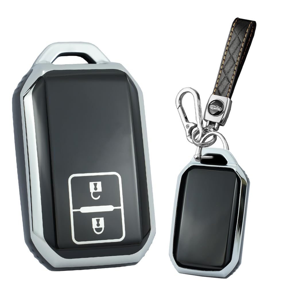 SANRILY 2 Button Car Key Case Cover for Suzuki Swift 2022 2021 Sport Hybrid V, XL7 2021, ignis Hybrid 2021 Keyless Sliver-Edge Key Shell with Leather Keychain Black