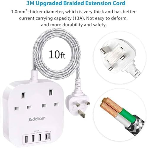 3M Extension Lead, Power Strips with 2 Way Outlets 4 USB (4.5A, 1 Type C and 3 USB A Ports) Surge Protection Plug Extension Socket with Braided Extension cord for Home/Office - Image 3