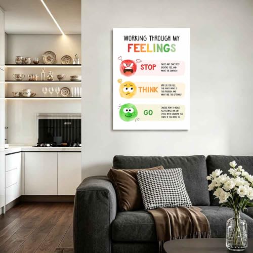 Motivational Emotional Mental Health Framed Canvas Wall Art Ready to Hang Decor for Home Wall Decoration 24L X 16W Working Through My Feelings Stop Think Go Inspirational Typography Poster - Image 3