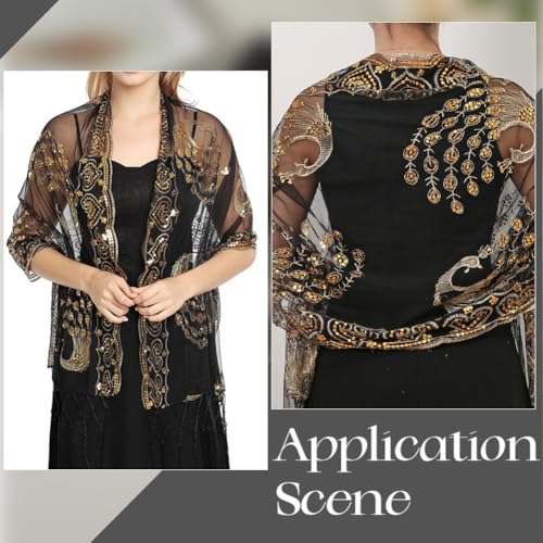 Black Floral Lace Shawl Wraps Sparkly Sequin Fringe Tassel Scarf with Gold Flower Peacock Patterns Vintage 1920S Long Chiffon Pashmina Shawls for Women Evening Dress Formal Wedding Party4