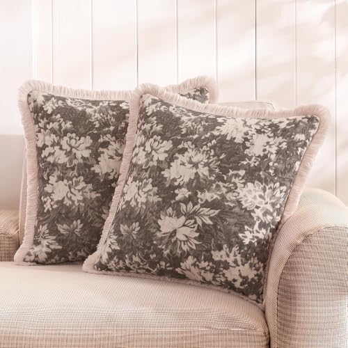 Fancy Homi Set of 2 Vintage Taupe Bold Floral Chenille Decorative Throw Pillow Covers with Tassels 18x18 Inch for Couch Sofa Bed, Square Boho Rustic Farmhouse Accent Soft Cushion Case Home Décor