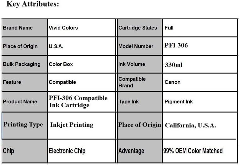 Vivid Colors VC PFI-306 Photo Magenta Ink Cartridge for Canon PFI-306PM (330ml Photo Magenta) for Canon imagePROGRAF 8400s 8400se 9400s 8400 9400 Printer.