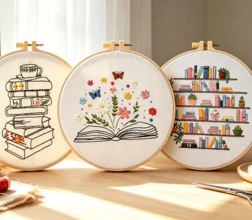 Image of Armindou Flowers Embroidery Kits for Beginners Adults, Hand Embroidery Set Needlepoint Kits, Floral Book Stamped Cross Stitch Kits for Beginners Adults, 3 Embroidery Hoops (Attached Video Tutorial)