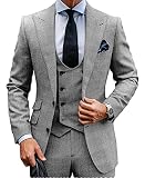 MoranX Herren Anzüge Regular Fit 3 Teilig Zweireihige Wolle Kariert Smoking Hochzeit Anzug Bräutigam Jacke Weste Hose Business(Grau,48)