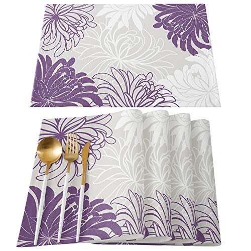 Luxury Placemats Set Of 6 - Floral Chrysanthemum Flowers Purple Grey And White Placemat For Dining Table Waterproof Non-Slip Kitchen Table Mats Spillproof Polyester Fabric Table Mats Easy To Clean #TOP19