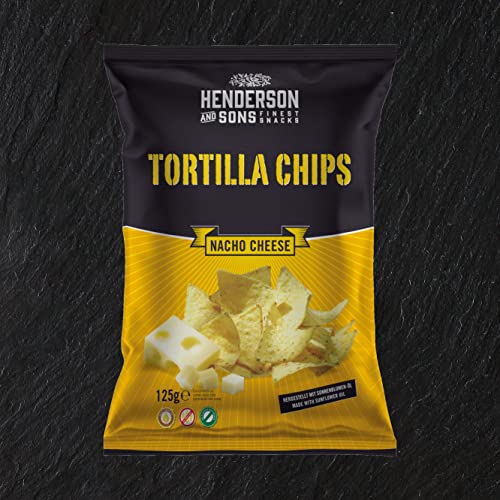 HENDERSON AND SONS Mais Tortilla Chips Nacho Cheese - 1 x 125 Gramm Beutel - mit Käsegeschmack - Perfekter Snack für Sportabende wie American Football oder Fußball