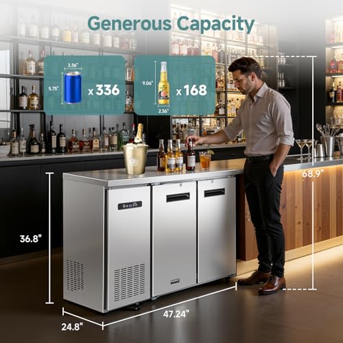 Image of BODEGA BODEGACOOLER Commercial Back Bar Cooler with 2 Solid Doors,12 Cu.Ft Stainless Steel Commercial Counter Height Bar Refrigerator,Display Drink Beverage Beer Fridge LED Light,SUS304 Top,4 Casters