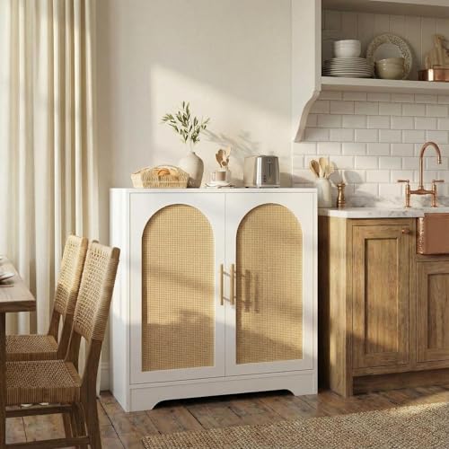 Image of IDEALHOUSE 30" W Sideboard Buffet Cabinet- with 2 Rattan Doors, Large Storage Console Table & Modern Accent Coffee Bar Cabinet for Living Room, Kitchen, Hallway, Dining Room, Entryway, White