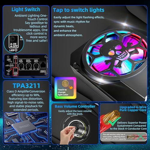 Image of 1600W Car Subwoofer, 10 inch Ultra-Thin Powered Under-Seat Sub with Built-in Amplifier, LPF /Gain /Bass Boost, Touch Control, Physical Switch Rhythm LED Ambient Light, Independent Bass Knob