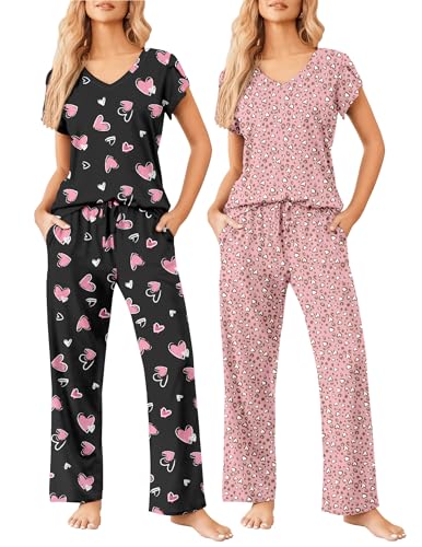 Image of Ekouaer 2 Pack Womens Pajamas Short Sleeve Sleepwear Top with Pants Super-Soft Printed Lounge Sets S-XXL