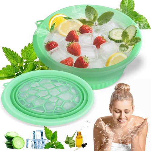 Image of (1 pic Hook) with Silicone Face Bowl for Ice with Built-in Icetray, Collapsible Face Tub for Ice Bath, Facial Ice Plunge Bowl, Ice Water Facials at Home (Green Hook)