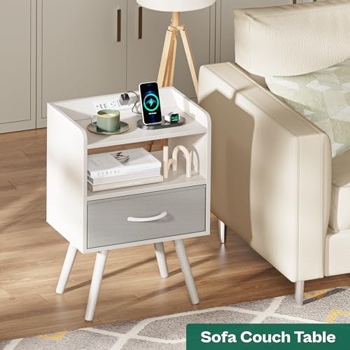 Image of Huuger Night Stand with Charger Station, Nightstands Set of 2, Bed Side Table with Drawer, End Table with Solid Wood Feet, White Nightstand, Side Tables for Bedroom