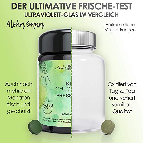 Bio-Chlorella Aloha Sana Chlorella Presslinge 400 mg im Ultraviolettglas