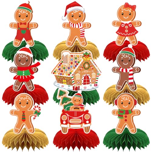 Image of 9 Pieces Christmas Gingerbread Honeycomb Centerpieces - Holiday Table Decorations with Gingerbread Man, Gingerbread House, and Festive Car for Xmas Party, Winter Celebrations, and Holiday Gatherings