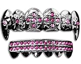 Big Dawgs Bling Hip Hop Gun Metal Cross Fangs Teeth Grillz Set - Pink Stones