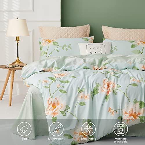 Saphreas Floral Pattern Duvet Cover Set With Fitted Sheet Queen Size Country Style Light Teal Blue Cotton Soft 4 Piece Bedding Comforter Duvet Cover Set 1 Duvet Cover 1 Fitted Sheet 2 Pillow Cases #TOP3