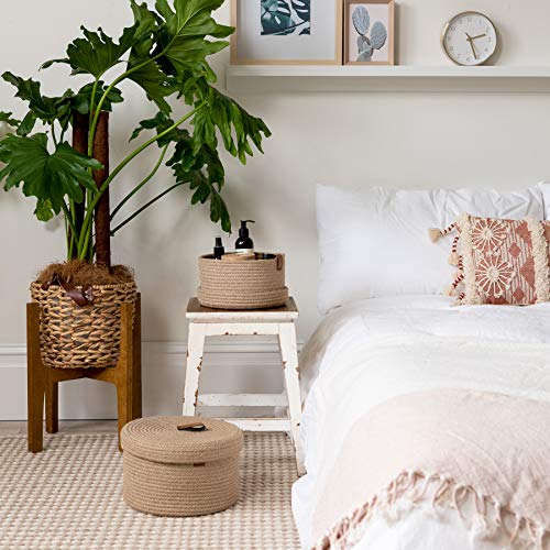 Denja & Co Round Baskets With Lids - Set Of 2 Decorative Jute Baskets With Lids For Organizing - Natural Jute Rope Lidded Baskets With Genuine Leather Tabs - Storage Baskets With Lids #TOP6