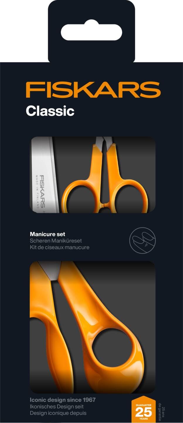 Fiskars Classic Scheren-Set, 2-Teilig, Edelstahl, Orange, Klingen HRC 57 | Universalschere 21 cm, Manikürschere 10 cm, Made in Finland, für Haushalt und Büro, schneidet präzise Papier, 1082399