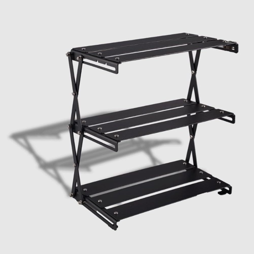 Scaffale portatile a 3 strati per campeggio all'aperto, mensola pieghevole in metallo picnic barbecue, per organizer compatto nero con borsa per il trasporto