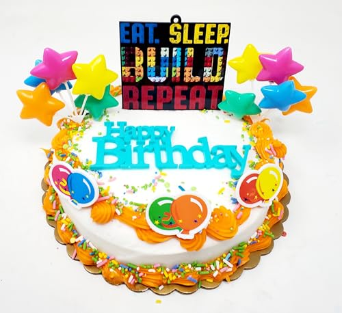 Generic Building Blocks Themed Birthday Cake Topper Set - Eat Sleep Build Repeat