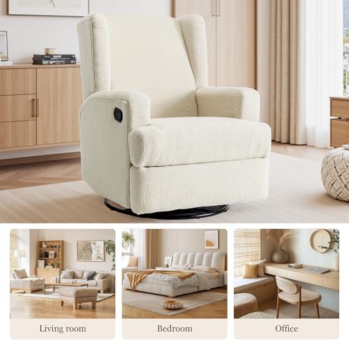 Image of Swivel Rocker Recliner Chairs Set of 2, 360 Swivel Wingback Recliner Chairs for Adults, Upholstered Boucle Fabric Glider Rocking Chair with High Back, Deep Seat for Living Romm Bedroom, Cream