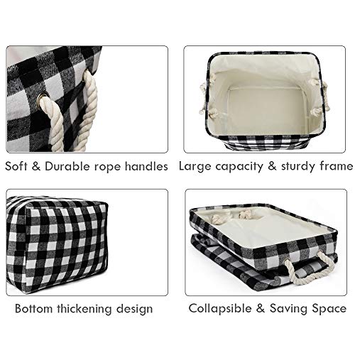 Large Rectangular Decorative Storage Bins Foldable Laundry Hamper Baskets Buffalo Grid Pattern With Rope Handles For Blankets, Toys, Nursery, White Black Grid, L #TOP2