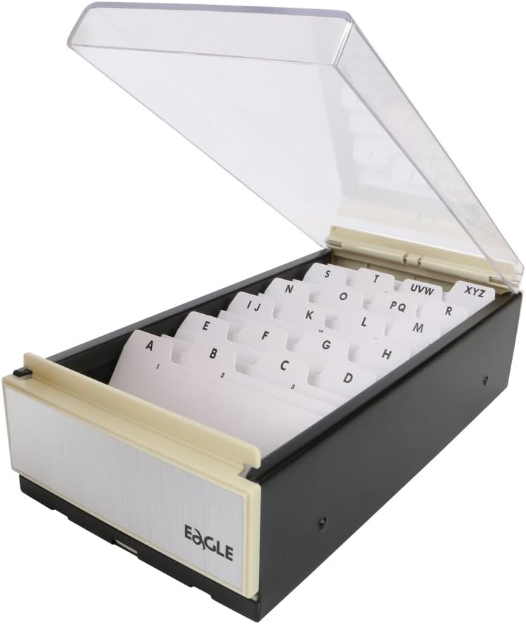 Eagle Business Card Holder, Storage up to 600 Cards, Box Size: 4 1/4 x 8 1/4 x 2 1/2, Metal/Plastic (Black/Clear)