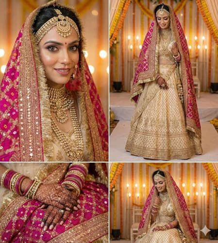 Image of Navti Creations Wedding bridal Dupatta /Chunni in banarasi silk Brocade with Katrina Kaif's Marriage dupatta's Embroidery border and 4 side golden Kiran