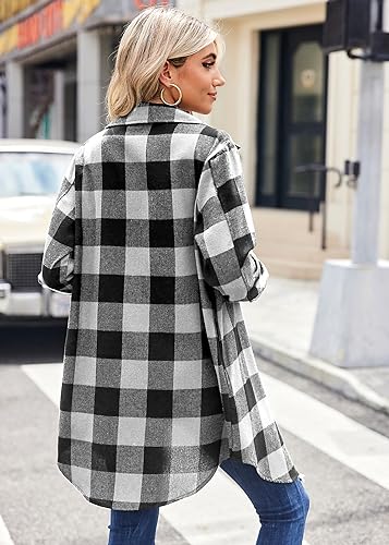 Zeagoo Flannel for Women 2025 Fall Fashion Long Sleeve Plaid Button Down Shirts Shacket Blouse Top with Pockets4