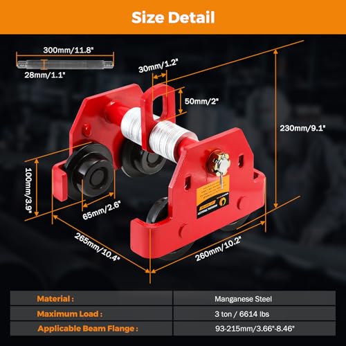 BEAMNOVA I Beam Trolley 3 Ton Manual Adjustable for I-Beam Flange Width 3.66\" to 8.46\", Overhead Push Beam Trolley Heavy Duty Dual Side Wheels, for Garage Hoist for Straight Curved I Beam