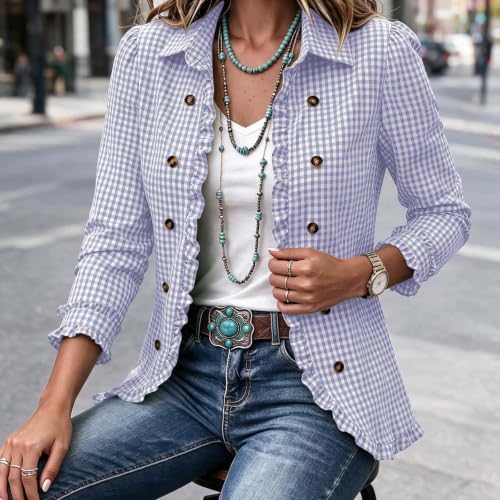 PXQIRMR Jackets for Women Lightweight Ruffled Lapel Open Front Plaid Jacket - image 7