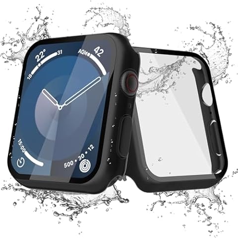 JULK [2 Pack] Waterproof Case for Apple Watch 45mm Built in Tempered Glass Screen Protector, Slim Guard Bumper with HD Glass, Hard PC Cover for iWatch Series 9/8/7 45mm, Black Cover