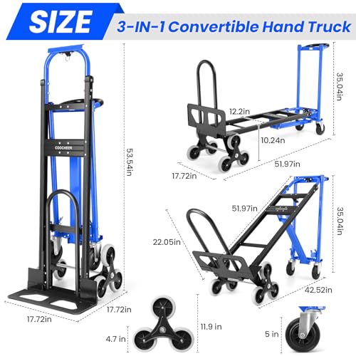 Image of 1000LBS Convertible Hand Truck, Heavy Duty Foldable Aluminum Stair Climbing Dolly with Solid Wheels for Moving /Office /Travel (Blue)