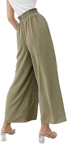 Miniatura 4 de Mtsebmves Pantalones palazzo de pierna ancha para mujer, elásticos, de cintura alta, holgados, palazzo, con bolsillos (verde, talla XL), Verde