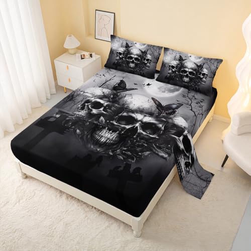 AILONEN Goth Skull Bedding Set King Size for Boys,Kids Black Skull Fitted Sheet + Flat Sheet + 2 Pillowcases,16