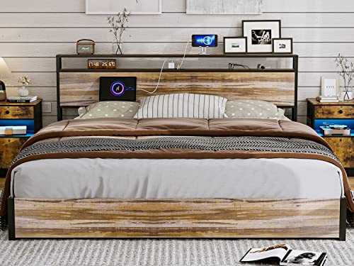 Ikifly King Size Lift Up Storage Bed - Metal King Platform Bed Frame With 2-Tier Storage Shelf Headboard & Charging Station, Solid Wood Slats, No Box Spring Needed/Easy Assembly - Wood Brown #TOP2
