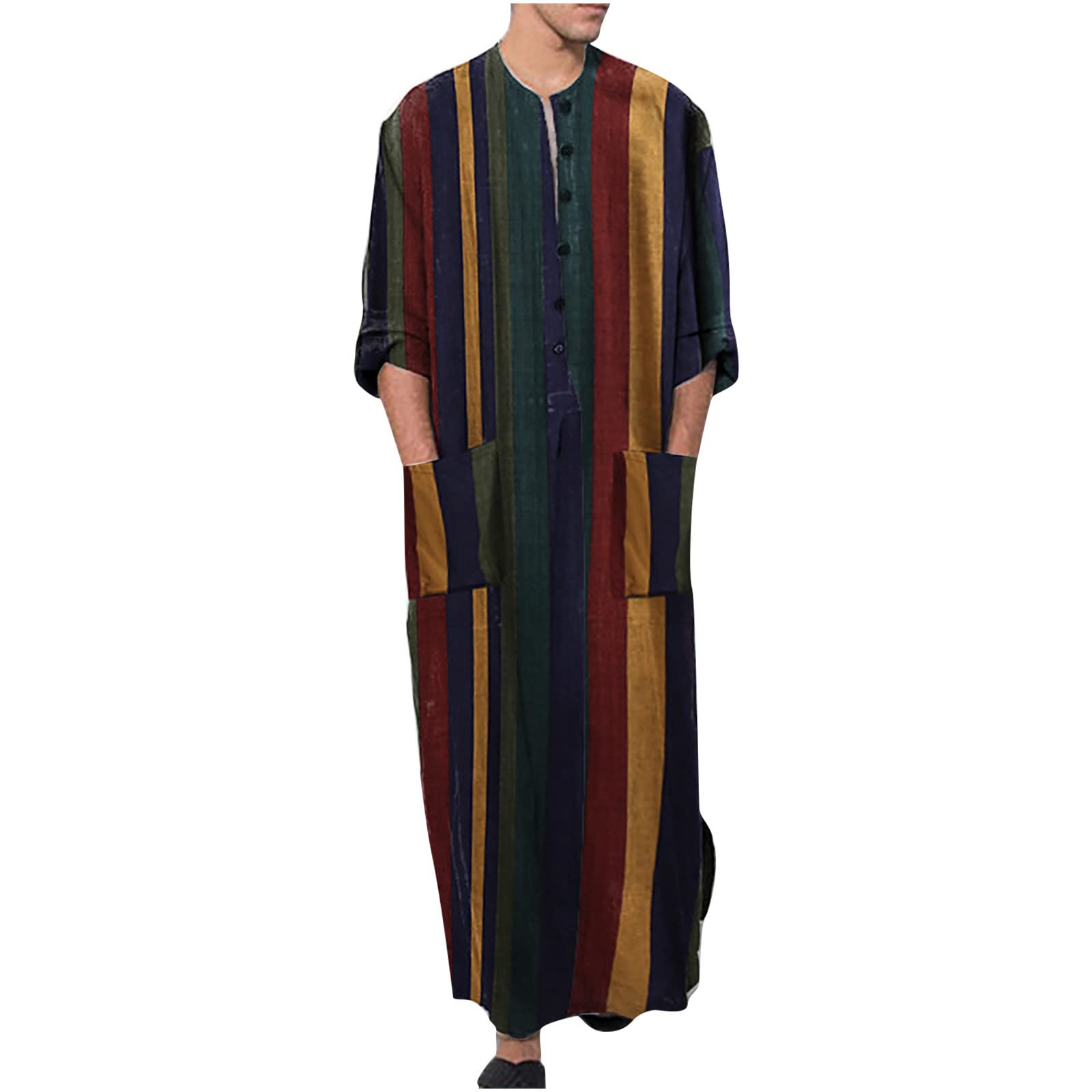 Long Sleeve Robe Ramadan Muslim Dress Middle East Striped Cotton Long Thobe Kaftan Embellished Henley Shirts 2023