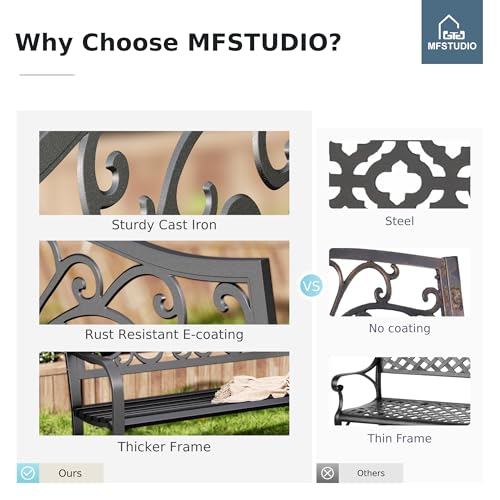 MFSTUDIO 43.7 Inches Outdoor Garden Bench, Cast Iron Metal Frame Patio Park Outside Benches with Floral Pattern Backrest for Front Porch, Black, Camelback - Thumbnail 6