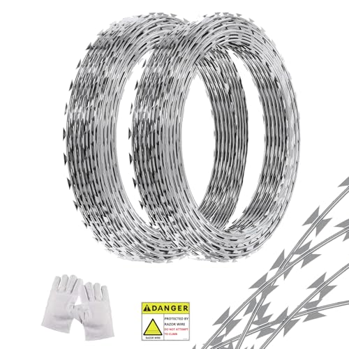 98 FT Razor Wire, 2 Rolls, Concertina Fencing with Warning Sign
