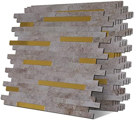 YMMXGE Peel and Stick Backsplash Tile，DIY Marble Stone Metal ，PVC Mixed Aluminum Mosaic Tiles for Kitchen Bathroom, 11.88"x11.81"x0.15", 4.87 sq.ft (5, Gold+Light Gold Silver)